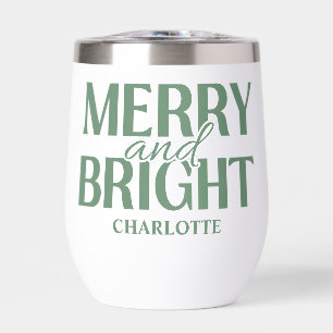 Merry And Bright Christmas Holiday Green Thermal Wine Tumbler