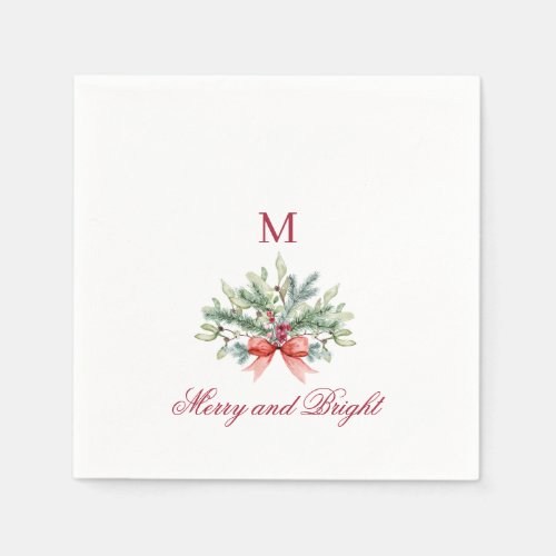 Merry and Bright Christmas Holiday Greenery Napkins