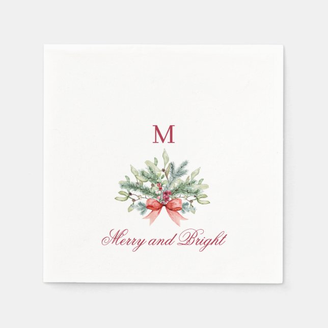 Merry and Bright Christmas Holiday Greenery Napkins (Front)