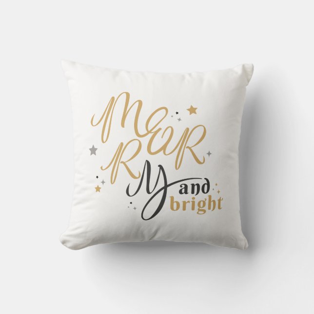Merry and Bright Christmas Holiday Mom Gold Throw Pillow (Front)