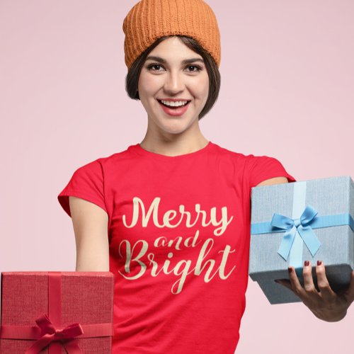 Merry and Bright christmas holiday script red  T_Shirt