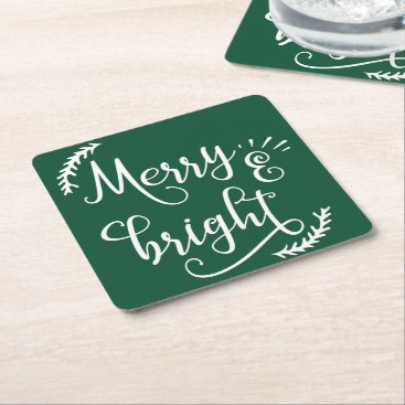 merry and bright Christmas Holiday Square Paper Coaster