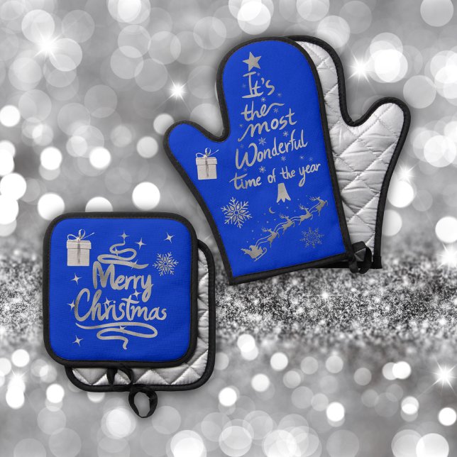 Merry and Bright Christmas in Silver and Blue | Oven Mitt & Pot Holder Set (Creator Uploaded)
