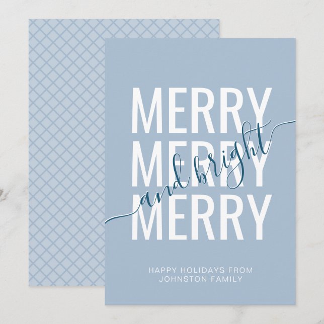 Merry and bright Christmas light blue checker Holiday Card (Front/Back)