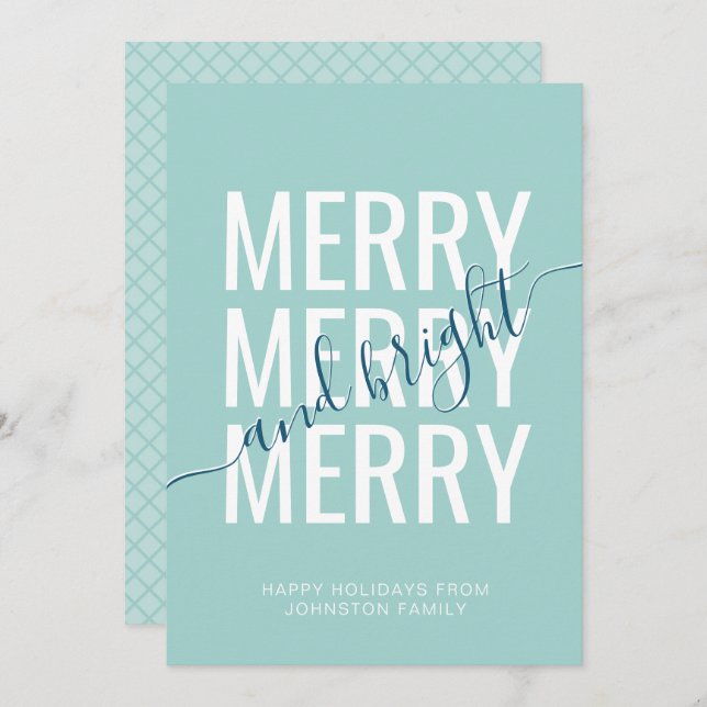 Merry and bright Christmas light teal checker Holiday Card (Front/Back)