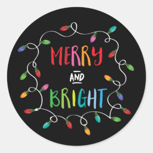 Merry and Bright Christmas Lights (Black) Classic Round Sticker