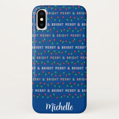 Merry and Bright Christmas Lights Blue iPhone X Case