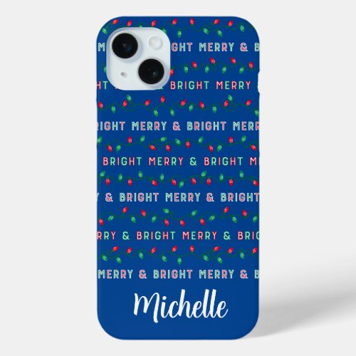 Merry and Bright Christmas Lights Blue iPhone 15 Plus Case