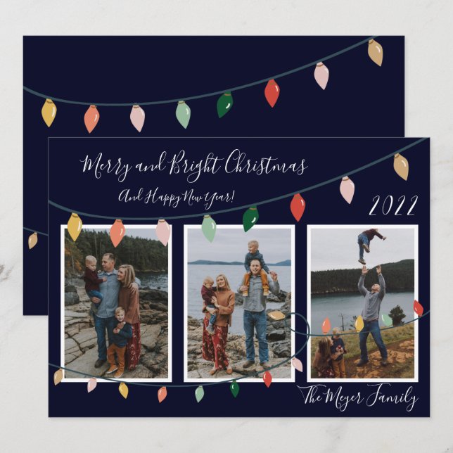 Merry and Bright Christmas Lights Dark Blue Photo Holiday Card (Front/Back)