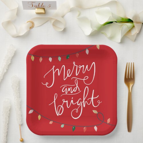 Merry and Bright Christmas Lights Festive Red Paper Plates