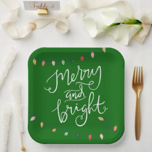 Merry and Bright Christmas Lights Green Paper Plates