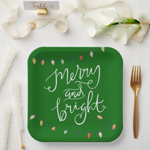 Merry and Bright Christmas Lights Green Paper Plates