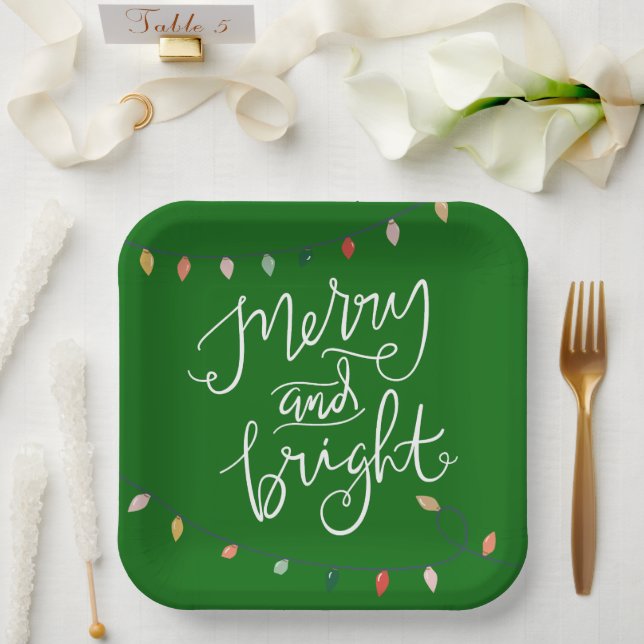 Merry and Bright Christmas Lights Green Paper Plates (Wedding)