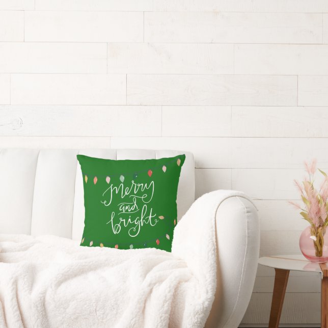 Merry and Bright  Christmas Lights | Green Throw Pillow (Couch)