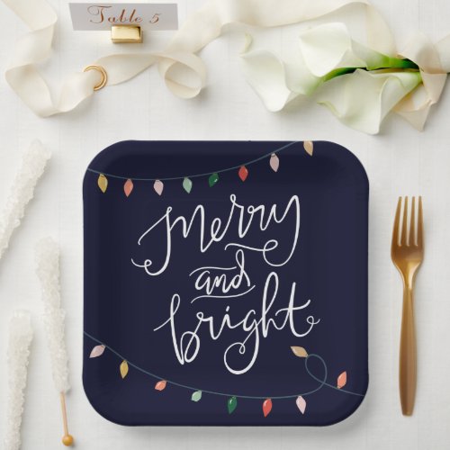 Merry and Bright Christmas Lights Midnight Blue Paper Plates