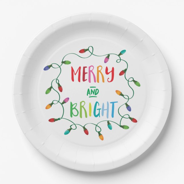 Merry and Bright Christmas Lights Paper Plates (Front)