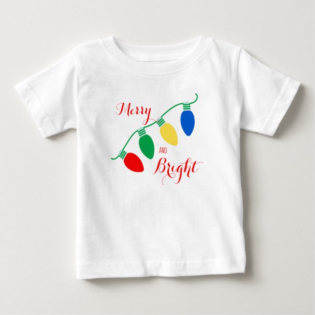 Merry and Bright Christmas Lights Personalized Baby T-Shirt (Front)