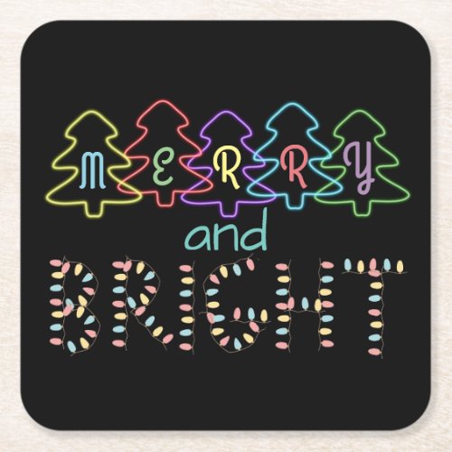 Merry and Bright Christmas Lights Square Paper Coaster