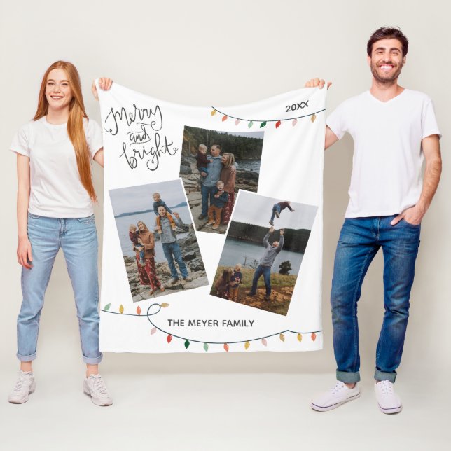 Merry and Bright Christmas Lights Three Photo  Fleece Blanket (In Situ)