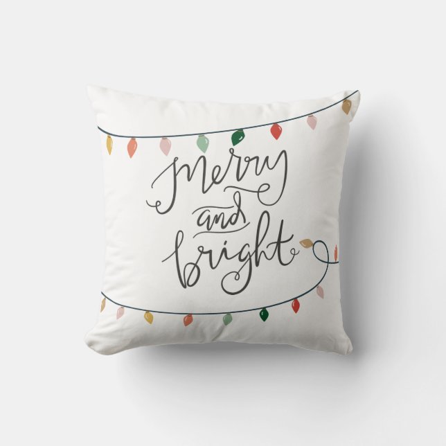 Merry and Bright Christmas Lights | White Throw Pillow (Front)