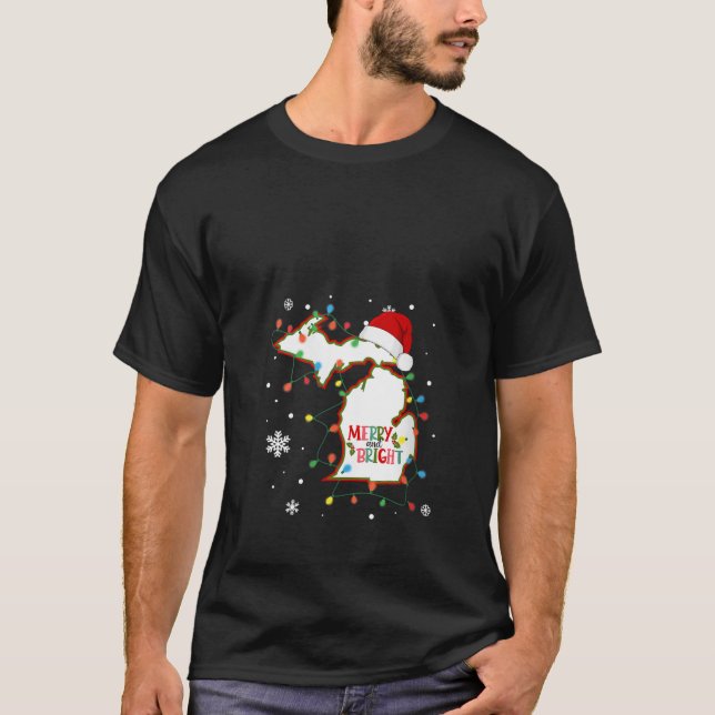 Merry And Bright Christmas Lights Xmas Michigan St T-Shirt (Front)
