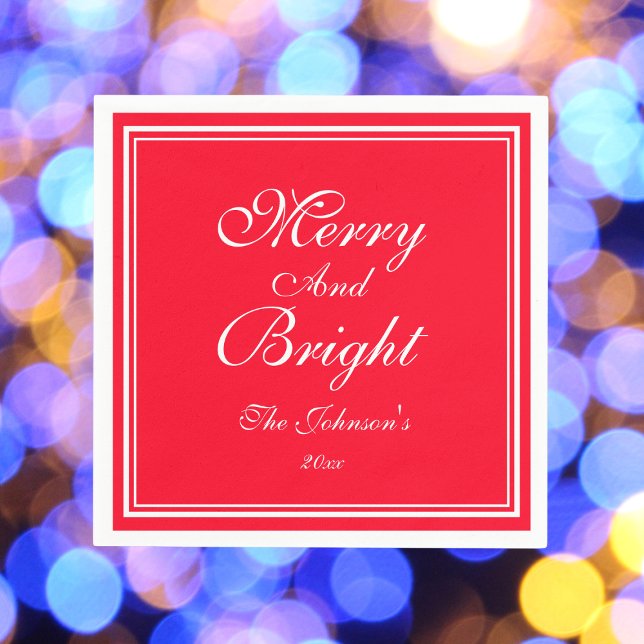 Merry And Bright Christmas Name Holiday Paper Napkins ("Merry And Bright" custom name Christmas holiday paper napkins.)