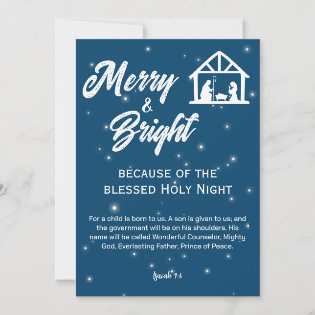 Merry and Bright Christmas Nativity White Script Holiday Card (Front)