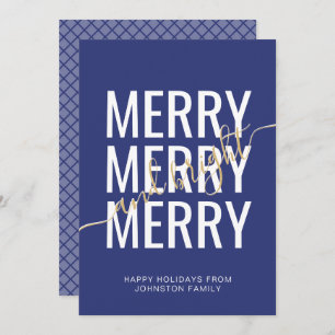 Merry and bright Christmas navy blue checker Holiday Card