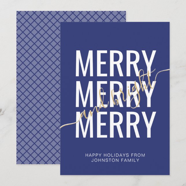 Merry and bright Christmas navy blue checker Holiday Card (Front/Back)