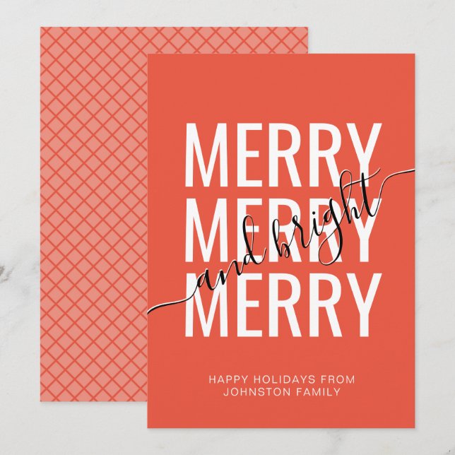 Merry and bright Christmas orange checker holiday Card (Front/Back)