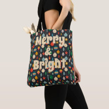 Merry And Bright Christmas Ornament Vintage Tote