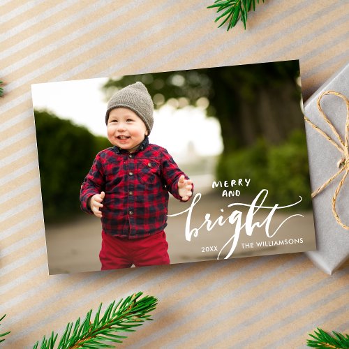 Merry And Bright Christmas Photo Buffalo Plaid Holiday Card