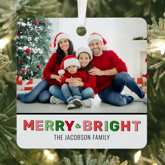 Merry And Bright Christmas Photo Metal Ornament (Photo Colorful Merry Bright Christmas Metal Ornament )