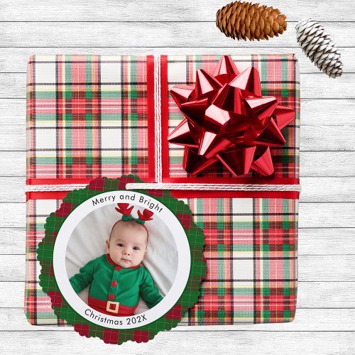 Merry and Bright Christmas Photo Red Green Plaid Ornament Card