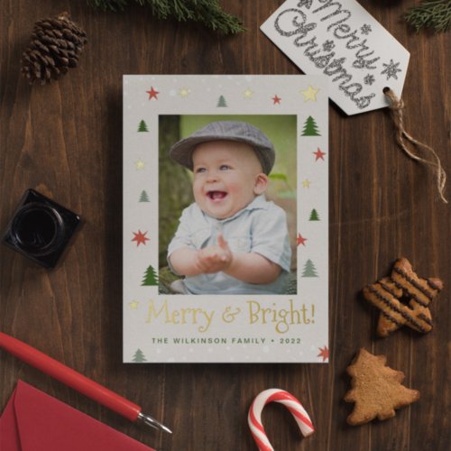 Merry and Bright Christmas Pine Stars Custom Photo Foil Holiday Card