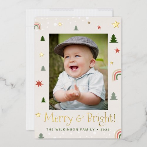 Merry and Bright Christmas Pine Stars Custom Photo Foil Holiday Card