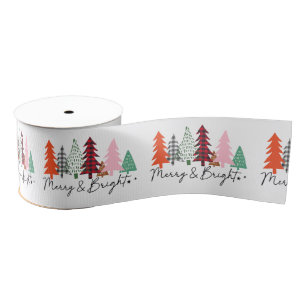 Merry and Bright Christmas pine tree pattern Grosgrain Ribbon