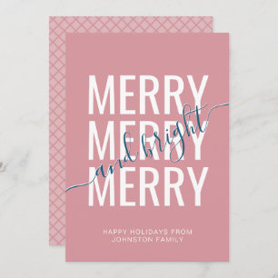 Merry and bright Christmas pink checker pattern Holiday Card