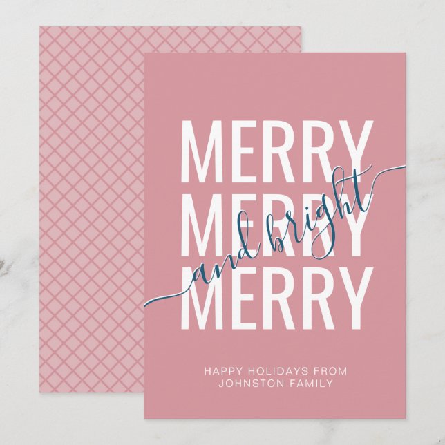 Merry and bright Christmas pink checker pattern Holiday Card (Front/Back)