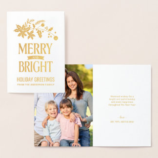 Merry and Bright Christmas Poinsettia and Holly Foil Card