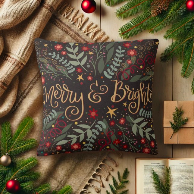 Merry and Bright Christmas Pretty Floral Throw Pillow (Creator Uploaded)