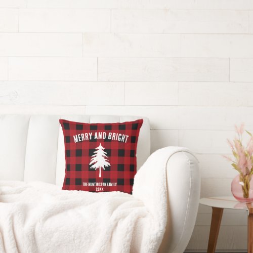 Merry and Bright Christmas Red Black Buffalo Plaid Throw Pillow