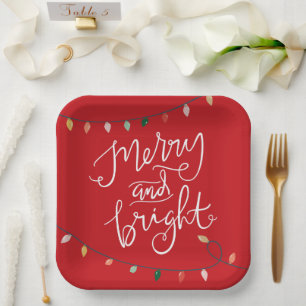 Merry and Bright Christmas Red Paper Plates