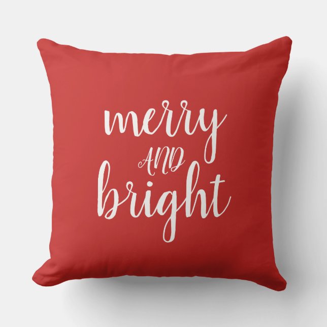 Merry and Bright Christmas Red Throw Pillow (Front)