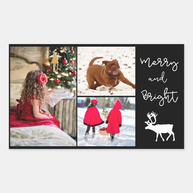 Merry and Bright Christmas Reindeer and Add Photos Rectangular Sticker (Front)