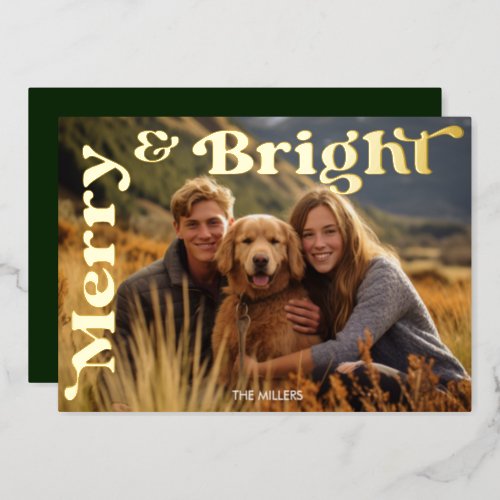 Merry And Bright Christmas Retro Typography Photo Foil Holiday Card