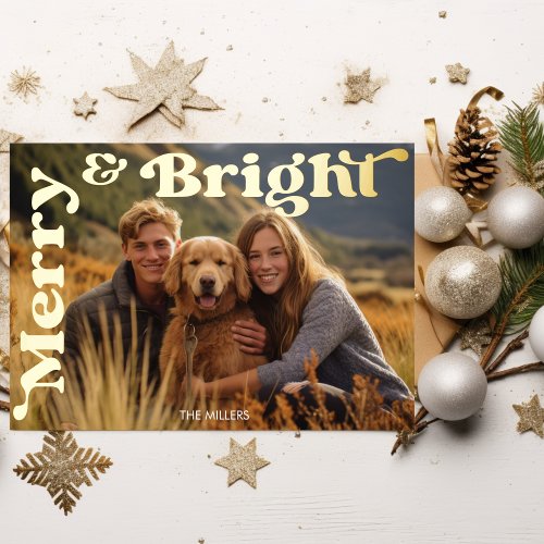 Merry And Bright Christmas Retro Typography Photo Foil Holiday Card