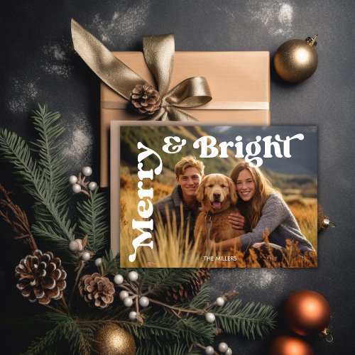 Merry And Bright Christmas Retro Typography Photo Holiday Card