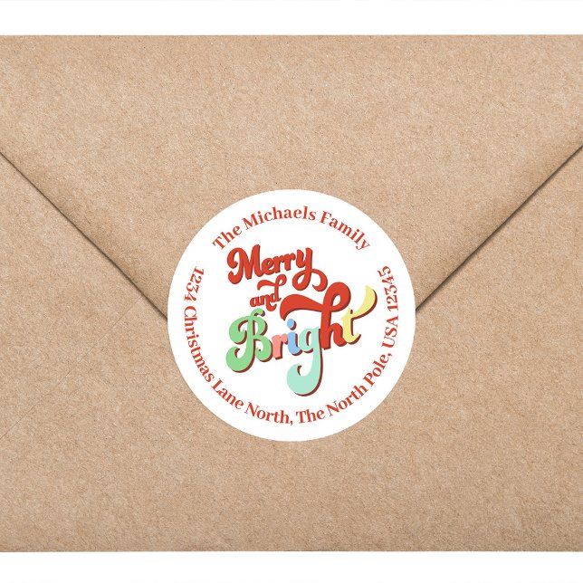 Merry and Bright Christmas Return Address Classic Round Sticker (Merry and bright Christmas custom return address label. )