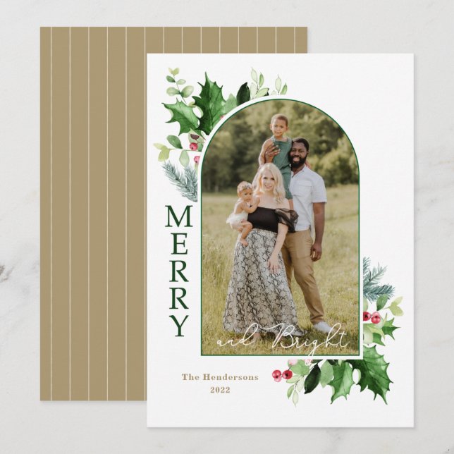 Merry and Bright Christmas Script Gold Photo Card (Front/Back)